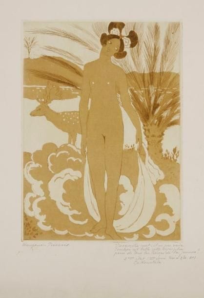 Georges MANZANA-PISSARRO (1871-1961)
Jeune femme au daim. Pl. pour L'Anneau de Sakuntala. Vers 1920. Eau-forte et aquatinte. 178 x 248. Impression en bistre. Très belle et fraîche épreuve sur vergé, signée à la mine de plomb et abondamment annotée. Courte déchirure en pied. Légères traces de colle oxydées dans les angles supérieurs. Toutes marges