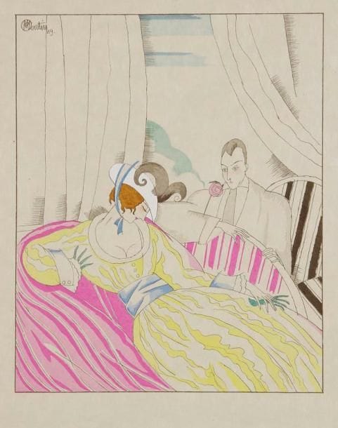 Charles MARTIN (1848-1934)
[Couple au sofa]. 1919. Pochoir en couleurs. [218 x 285]. Très belle et fraîche épreuve sur simili-japon. Un court pli cassé dans l'angle inférieur gauche. Toutes marges