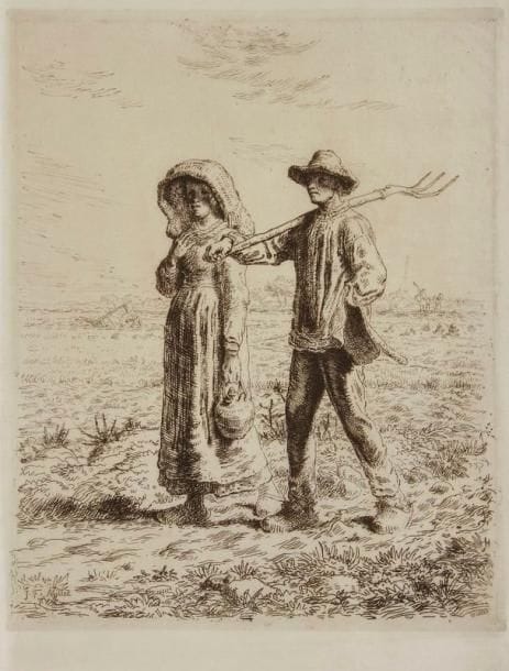 Jean-François MILLET (1814-1875)
Le Départ pour le travail. 1863. Eau-forte. 305 x 382. Delteil 19. Superbe et brillante épreuve sur japon vergé mince du 5e état (sur 7), les adresses effacées, avec les trois points dans l'angle inférieur droit mais avant prolongement du nuage au-dessus du paysan. Toutes marges