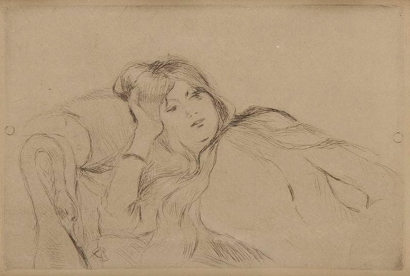 Berthe MORISOT (1841-1895)
Jeune femme au repos. 1889. Pointe sèche. 110 x 73. Bailly-Herzberg VII. Bonne épreuve tirée sur le cuivre percé, sur vélin, fortement oxydée. Marges. Cadre