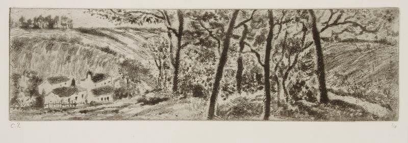 Camille PISSARRO (1830-1903)
Paysage en long. 1879. Eau-forte et aquatinte. 390 x 112. Delteil 17. Très belle et fraîche épreuve sur vergé, l'une des 18 du tirage de 1923, timbrée (Lugt 613e) et numérotée à la mine de plomb. Toutes marges. Tirage total à environ 25 épreuves. Très rare (seules quelques épreuves furent tirées du vivant de l'artiste)