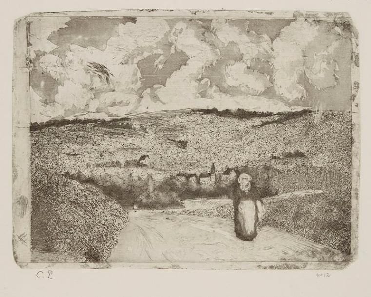 Camille PISSARRO (1830-1903)
La Femme sur la route. 1879. Eau-forte, pointe sèche et aquatinte sur zinc. 206 x 155. Delteil 18. Très belle et fraîche épreuve sur vergé, timbrée (Lugt 613e) et numérotée à la mine de plomb. Toutes marges. Tirage total à environ 26 épreuves (dont seulement 14 du vivant de l'artiste)
