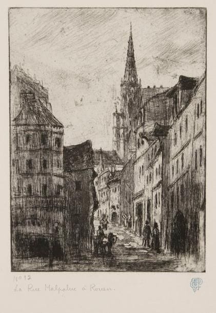 Camille PISSARRO (1830-1903)
La Rue Malpalue, à Rouen. 1883-1884. Eau-forte et pointe sèche. 146 x 198. Delteil 53. Très belle et fraîche épreuve sur vergé, l'une des 30 du tirage de 1907, numérotée, titrée à la mine de plomb et numérotée (Lugt 613d). Infime oxydation aux bords du feuillet. Toutes marges. Tirage total à 50 épreuves (dont 10 du vivant de l'artiste)