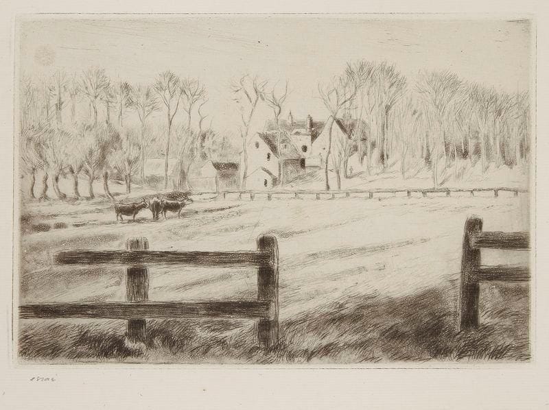 Camille PISSARRO (1830-1903)
Prairie et moulin, à Osny. 1885. Eau-forte, pointe sèche et aquatinte. 235 x 159. Delteil 59. Très belle et fraîche épreuve sur vergé, annotée «essai» à la mine de plomb, puis «cuivre détruit» dans l'angle inférieur droit, précédant le tirage de 1923 à 18 épreuves. Fine bande d'empoussiérage au bord droit du feuillet. Toutes marges. Tirage total à 38 épreuves (dont 20 environ du vivant de l'artiste)