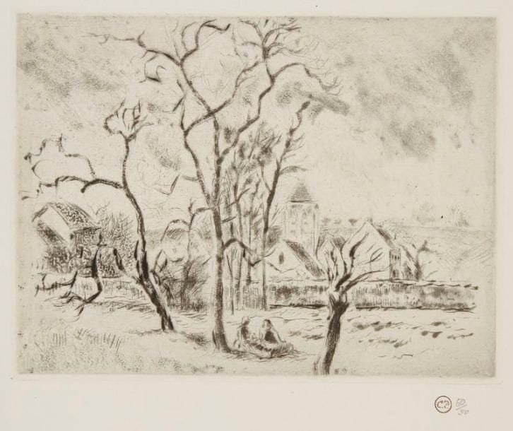 Camille PISSARRO (1830-1903)
Église d'Osny, près Pontoise. 1885. Pointe sèche et aquatinte. 157 x 120. Delteil 62. Très belle et fraîche épreuve, l'une des 40 tirées en 1920 sur vergé, timbrée (Lugt 613f) et numérotée à la mine de plomb. Très grandes marges. Tirage total à 62 épreuves (dont seulement 12 du vivant de l'artiste)