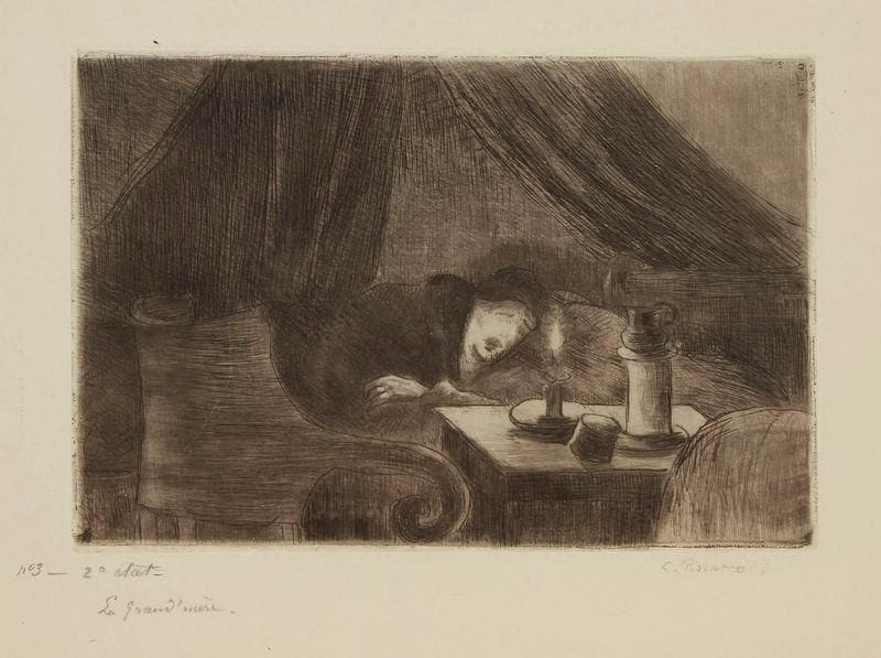 Camille PISSARRO (1830-1903)
Grand-mère (effet de lumière). 1889. Eau-forte et pointe sèche. 256 x 175. Delteil 80. Très belle et rarissime épreuve sur japon, l'une des 3 ou 4 du 2e état (sur 7), avant de nouveaux travaux (notamment indication du nez), annotée à la mine de plomb «n° 3 - 2e état», titrée puis signée à la mine de plomb. Petite épidermure sur la signature. Toutes marges. Tirage total à 30 épreuves (dont 12 seulement du vivant de l'artiste)