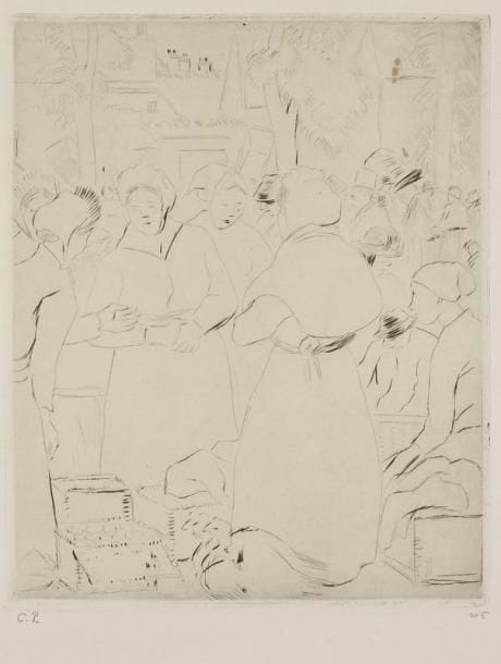 Camille PISSARRO (1830-1903)
Marché aux oeufs. 1902. Eau-forte. 220 x 267. Delteil 127. Très belle et fraîche épreuve sur vélin, timbrée (Lugt 613e) et numérotée à la mine de plomb. Toutes marges