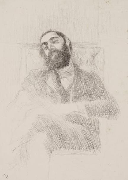 Camille PISSARRO (1830-1903)
Convalescence (Lucien Pissarro). 1897. Zincographie. 220 x 325. Delteil 192. Très belle épreuve sur chine appliqué, du tirage à 11 épreuves effectué en 1924, timbrée (Lugt 613e) dans l'angle inférieur gauche du chine et numérotée à la mine de plomb dans l'angle inférieur droit. Quelques rousseurs claires. Légère oxydation aux bords du feuillet. Toutes marges