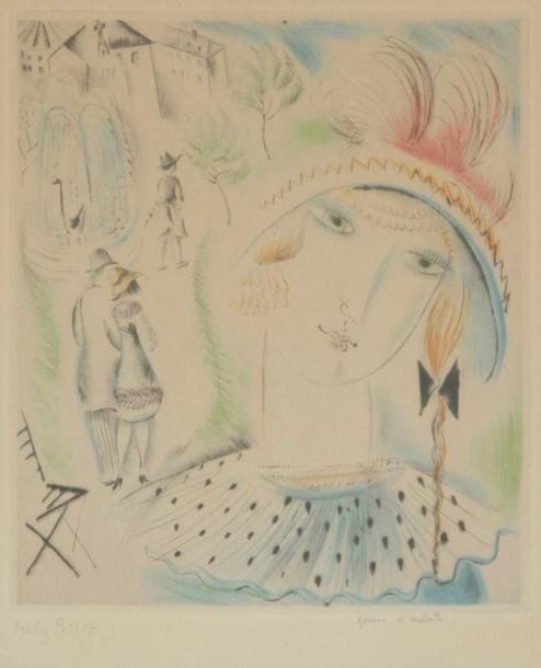 Mily Possoz (portugaise, 1888-1967)
Femme en chapeau à plume devant un parc. 1930. Pointe sèche et roulette. 177 x 200. Impression en couleurs. Belle épreuve sur vélin, légèrement oxydée, signée à la mine de plomb et justifiée «Epreuve d'artiste». Marges. Cadre. Joint: Portugaise avec un chat. 1930. Pointe sèche. 175 x 252. Belle épreuve sur vélin, justifiée à la mine de plomb «Epreuve d'artiste» et signée. Auréole d'humidité en pied. Marges. Cadre. Ens. 2 p