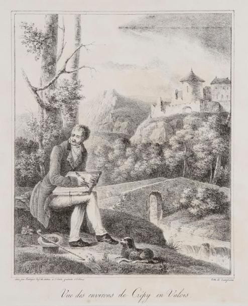 Jean-Louis Gabriel Rabigot (1753-1834, actif à Orléans)
Vue des environs de Crépy en Valois. Vers 1820. Lithographie («dess. par Rabigot Prof. de dessin à l'Ecole gratuite d'Orléans»). 198 x 240. Belle épreuve. Légère trace d'oxydation. Bonnes marges
