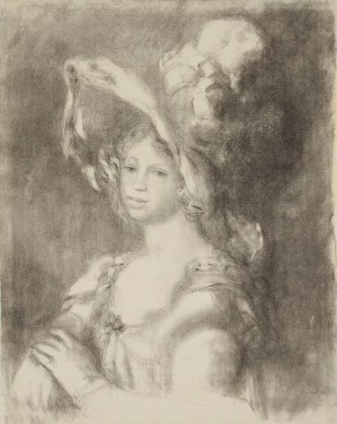 Pierre-Auguste RENOIR (1841-1919)
Mademoiselle Dieterle. 1899. Lithographie. [402 x 530]. Delteil, Stella 26. Impression en deux tons (noir et gris). Très belle et fraîche épreuve sur vergé mince. Fines traces de plis en pied. Au verso, fine bande de papier gommé brun en tête et petites traces de colle aux bords du feuillet. Toutes marges. Tirage à 100 épreuves pour l'album Germinal (J. Meier-Graefe éd.)