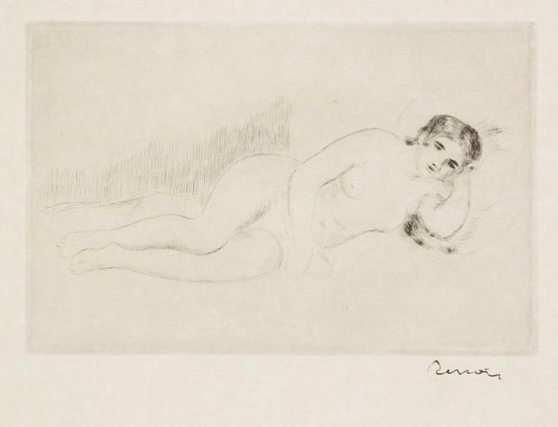 Pierre-Auguste RENOIR (1841-1919)
Femme nue couchée tournée à droite (1re pl.). Vers 1906. Pointe sèche. 198 x 130. Delteil, Stella 13. Parfaite épreuve sur japon, timbrée (Lugt 2137a). Toutes marges
