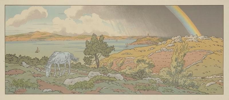 Henri RIVIERE (1864-1951)
L'Arc-en-ciel. Pl. 3 de La Féerie des Heures. 1901. Lithographie. 595 x 240. Fields p. 77. Impression en couleurs. Très belle et fraîche épreuve sur vélin glacé ivoire. Infimes salissures au bord gauche. Toutes marges