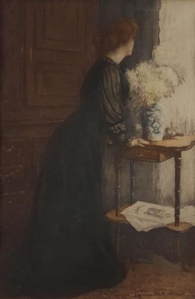 Manuel ROBBE (1872-1936)
Femme au bouquet. Vers 1905. Aquatinte. À vue: 330 x 495. Impression en couleurs. Belle épreuve sur vergé, signée à la mine de plomb dans le sujet, collée sur carton, oxydée. Toutes marges. Cadre