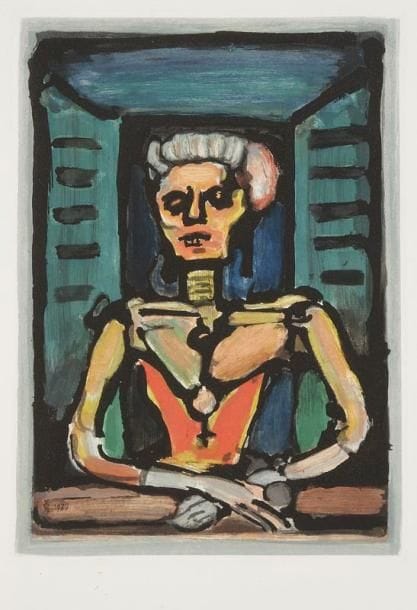 Georges ROUAULT (1871-1958)
Fière autant qu'un vivant, de sa noble stature... Pl. pour Les Fleurs du mal. 1936-1938. Eau-forte, aquatinte et roulette. 220 x 305. Chapon-Rouault 277. Impression en couleurs. Parfaite épreuve sur vélin. Toutes marges. Tirage à 250 épreuves