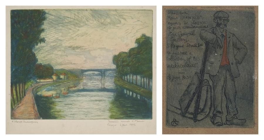 Joseph-Victor Roux-Champion (1871-1953)
Vue de la Seine. 1901. Eau-forte et aquatinte. 305 x 235. Impression en couleurs. Très belle épreuve sur vélin, signée à la mine de plomb puis dédicacée: «heureuse année à l'ami Lacaze 2 janv. 1902». Rousseurs claires et traces de plis. Toutes marges. Joint: carte d'invitation à une exposition d'aquarelles à la galerie Goupil, Londres. Vers 1900. Eau-forte et roulette. 93 x 122. Impression en couleurs. Belle épreuve sur vélin teinté gris. Petites marges. Ens. 2 p. Provenance: Joseph Vital-Lacaze (1874-1946), ami de l'artiste