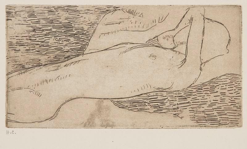 Armand Seguin (1869-1903)
Nu allongé. Vers 1893. Eau-forte. 225 x 115. Impression en brun. Très belle épreuve du tirage postérieur de Malingue, annotée «H.C.» et timbrée dans l'angle inférieur droit. Toutes marges