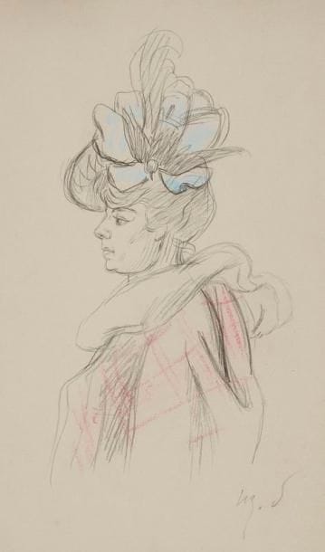 Henry Somm (Henry-François Sommier, dit) (1844-1907)
Femme de profil, chapeau à noeud bleu. Vers 1900. Dessin à la mine de plomb et aux crayons de couleurs, [150 x 250], signé des initiales en bas à droite