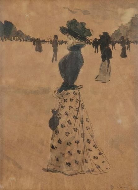 Henry Somm (Henry-François Sommier, dit) (1844-1907)
Élégante au pochon. Vers 1900. Dessin, plume et encre de chine et aquarelle sur vergé, oxydé. À vue: 145 x 198. Signé en bas à droite. Cadre