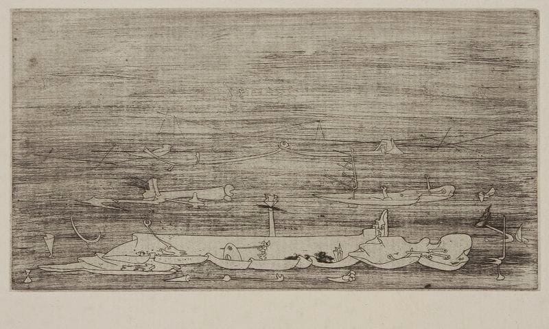 Yves TANGUY (1900-1955)
Sans titre. 1937. Eau-forte. 220 x 120. Wittrock 5. Très belle épreuve sur vergé ancien filigrané «Auvergne», d'un tirage postérieur. Infimes déchirures aux bords du feuillet. Toutes marges. Très rare: seules une dizaine d'épreuves furent tirées du vivant de l'artiste. Provenance: Atelier 17 (S.W. Hayter directeur)