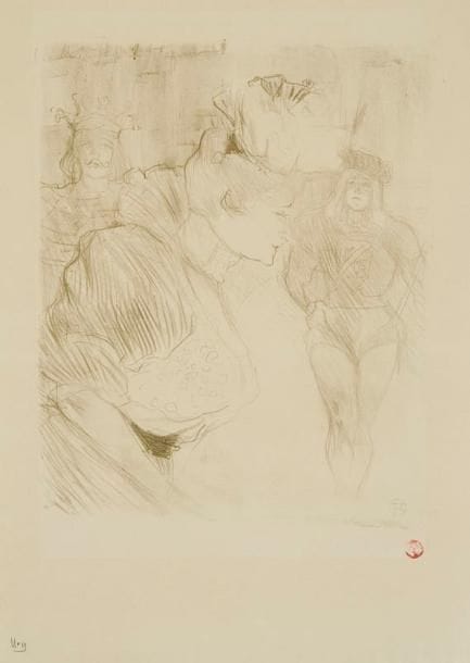 Henri de TOULOUSE-LAUTREC (1864-1901)
Lender saluant. 1895. Lithographie. 257 x 317. Delteil 107; Wittrock 106. Impression en vert olive. Très belle et fraîche épreuve sur vélin mince, l'indentation de la pierre très visible, timbrée (Lugt 1338) et numérotée à la mine de plomb. Toutes marges. Tirage à 50 épreuves. Timbre sec: Ed. Kleinmann Paris (Lugt 1573). Ex-coll. Roger Marx (Lugt 2229)