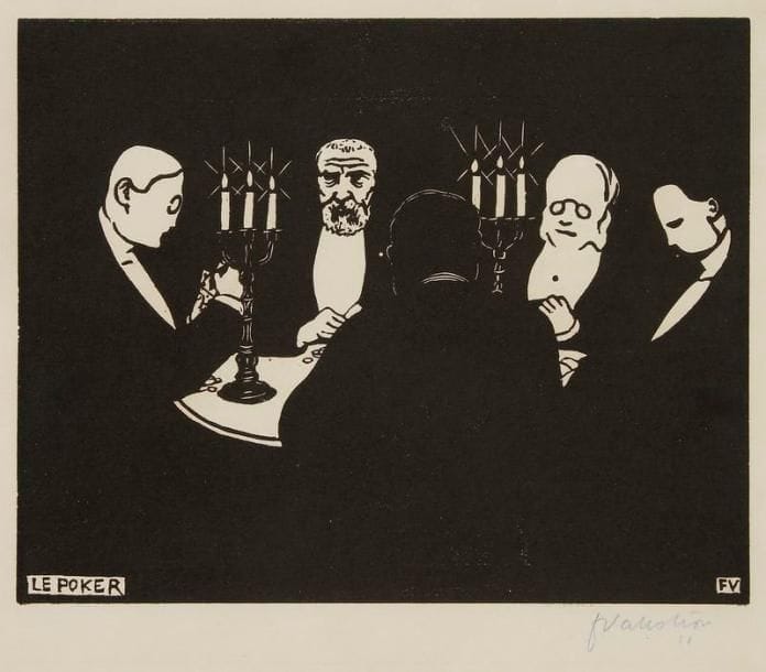 Félix VALLOTTON (1865-1925)
Le Poker. 1896. Bois gravé. 221 x 176. Vallotton et Goerg 170. Très belle et fraîche épreuve sur vélin, signée et numérotée au crayon bleu. Toutes marges. Tirage à environ 80 épreuves