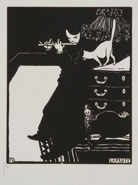 Félix VALLOTTON (1865-1925)
La Flûte. 1896. Bois gravé. 176 x 224. Vallotton et Goerg 172. Très belle et fraîche épreuve du tirage posthume sur vélin blanc, timbrée (Lugt 1051a). Toutes marges. Tirage à 10 épreuves sur ce papier. Timbre sec: atelier F. Vallotton (Lugt 2478b)