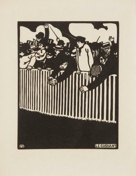 Félix VALLOTTON (1865-1925)
Le Gagnant. 1898. Bois gravé. 178 x 224. Vallotton et Goerg 201; Johnson 146. Très belle et fraîche épreuve sur japon, non signée comme à l'ordinaire. Toutes marges non ébarbées. A. Vollard éditeur