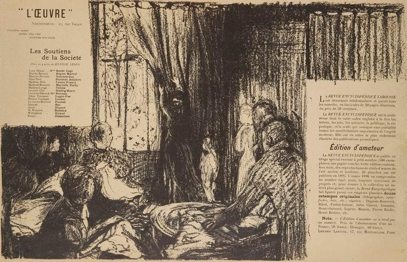 Edouard VUILLARD (1868-1940)
Les Soutiens de la société, pièce en 4 actes de Henrik Ibsen. Programme pour le théâtre de l'?uvre. 1896. Lithographie. [505 x 325]. Roger-Marx 24; Aitken 85. Belle épreuve sur vélin, entoilée. Courts plis cassés aux bords du feuillet