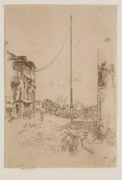 James Abbott McNeill WHISTLER (1834-1903)
The Little Mast (First Venice Set). 1879-1880. Eau-forte. 183 x 267. Kennedy 185. Très belle épreuve tirée en noir bistré sur vergé mince, rognée au sujet, avec la languette portant la signature au papillon à la mine de plomb et la mention «imp.»