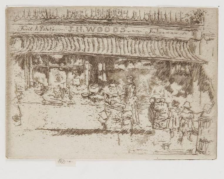 James Abbott McNeill WHISTLER (1834-1903)
J.H. Woods' Fruit Shop, Chelsea. 1887-1888. Eau-forte. 132 x 95. Kennedy 265. Très belle épreuve tirée en noir bistré sur vergé, rognée au sujet, avec la languette portant la signature au papillon à la mine de plomb et la mention «imp.» Signée une nouvelle fois au verso