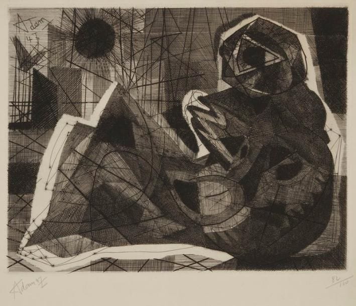Henri-Georges Adam (1904-1967)
La Danaé. 1947. Burin. 335 x 265. Parfaite épreuve sur vélin, signée, datée et numérotée à la mine de plomb. Légère oxydation du feuillet. Toutes marges. Tirage à 110 épreuves. Timbre sec: Société des Peintres-Graveurs Français (Lugt 1195a)