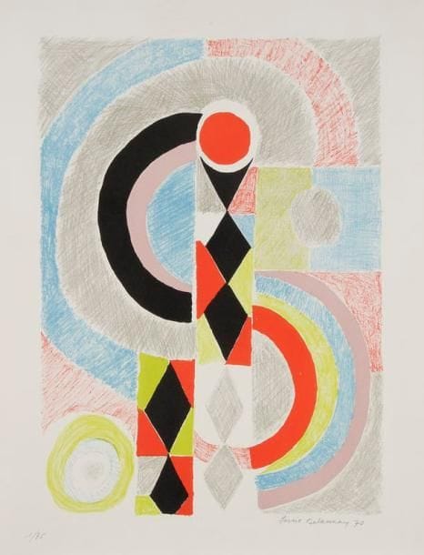 Sonia DELAUNAY (1885-1979)
Totem. 1970. Lithographie. 390 x 540. Impression en couleurs. Parfaite épreuve sur vélin blanc, numérotée, signée et datée à la mine de plomb. Toutes marges. Tirage à 75 épreuves