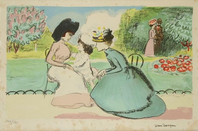 Kees VAN DONGEN (1877-1968)
Femmes au jardin. Vers 1950. Lithographie. 500 x 308. Juffermans (2003) L 25. Impression en couleurs. Belle épreuve sur vélin, numérotée à la mine de plomb. Fortes rousseurs éparses. Marges. Tirage à 290 épreuves. Timbre sec: Guilde de la Gravure. Cadre