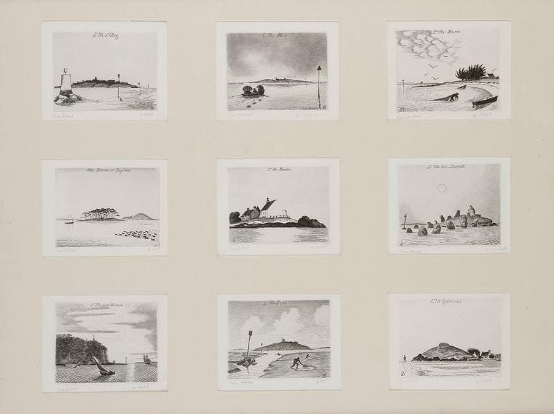Pierre DUBREUIL (1891-1970)
Îles bretonnes: L'Île Huric, L'Île Irus, Îles Drenec et Logoden, L'Île Gavrinis, L'Île d'Arz, L'Île aux Moines, L'Île Er-Lannik, L'Île Illur, L'Île Boëdic. Vers 1960. Burin. Chaque env. 120 x 90. Très belles épreuves sur vélin blanc, signées et justifiées «épr. d'artiste» à la mine de plomb. Toutes marges. Tirage à 75 épreuves. Ens. 9 p. (en un cadre)