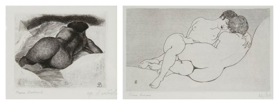 Pierre DUBREUIL (1891-1970)
Nu de dos; Deux femmes enlacées. Vers 1960. Eau-forte. 85 x 70 et 200 x 110. Très belles épreuves sur vélin, signées à la mine de plomb, respectivement annotée «épr. d'artiste» et numérotée. Marges. Ens. 2 p. (en un cadre)
