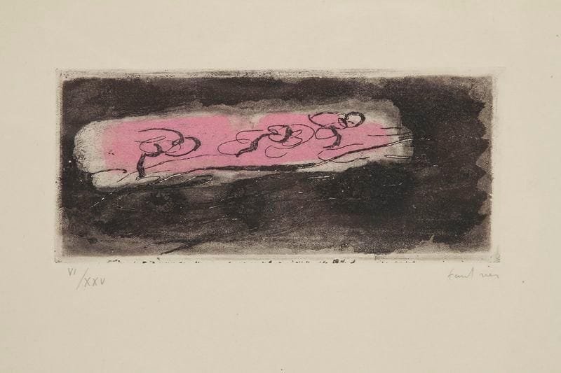 Jean FAUTRIER (1898-1964)
Pl. pour Orénoque, poème de R. Ganzo, Librairie Blaizot, Paris, éd. 1942. Eau-forte et aquatinte. 185 x 78. Mason 68 et 69. Impression en couleurs. Parfaites épreuves, la 1re sur vélin d'Auvergne, numérotée et signée à la mine de plomb, la 2e sur japon numérotée en chiffres romains et signée à la mine de plomb. Toutes marges. Cadres. Ens. 2 p