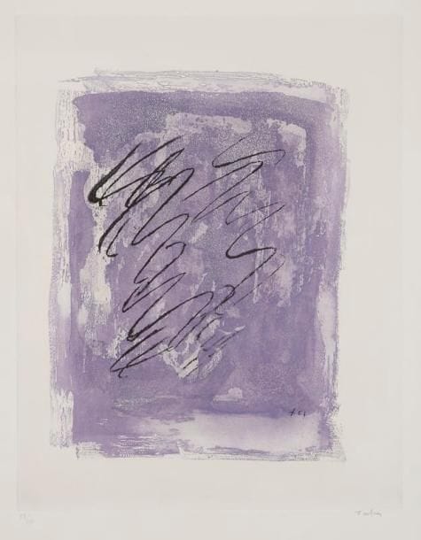 Jean FAUTRIER (1898-1964)
Griffure sur fond violet. 1964. Eau-forte et aquatinte. 348 x 445. Mason 281 (II). Impression en couleurs. Parfaite épreuve sur vélin blanc, numérotée et signée à la mine de plomb. Toutes marges. Tirage à 100 épreuves. Cadre