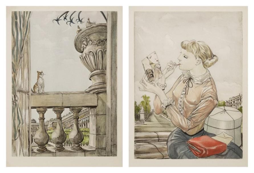 Léonard-Tsuguharu FOUJITA (1886-1968)
Pl. pour René Héron de Villefosse, La Rivière enchantée. Paris, Bernard Klein éditeur, 1951. Eau-forte; procédé photomécanique. 240 x 320. Buisson 51.176. Très belles épreuves sur vélin, 5 en couleurs. Quelques petites auréoles d'humidité et rousseurs. Toutes marges. Ens. 9 p
