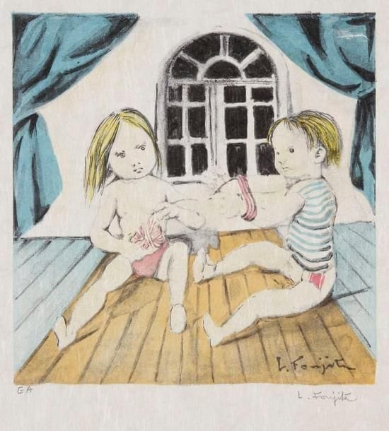 Léonard-Tsuguharu FOUJITA (1886-1968)
Le Tricot. 1963. Lithographie. 190 x 190. Buisson 63.40. Impression en couleurs. Très belle épreuve sur japon nacré, justifiée «EA» et signée à la mine de plomb. Toutes marges. P. de Tartas éd