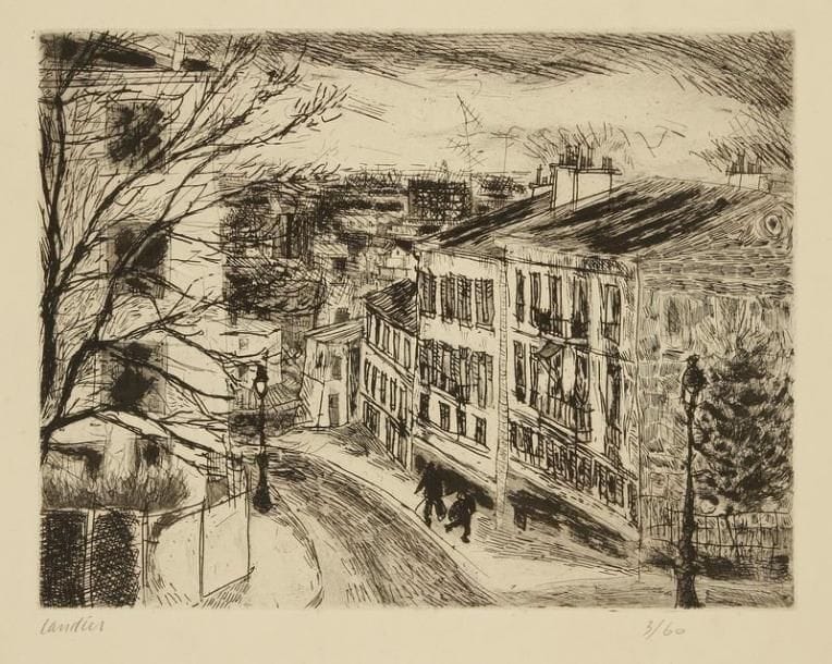 Henri Landier (né en 1935)
La Rue Chevalier de la Barre. 1967. Eau-forte. 395 x 305. Très belle épreuve sur vélin, signée et numérotée à la mine de plomb. Trace claire d'oxydation autour du sujet. Toutes marges. Tirage à 60 épreuves