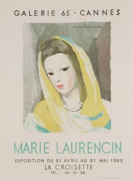 Marie Laurencin (1883-1956) (d'après)
Affiche pour la Galerie 65, Cannes. «Marie Laurencin». Exposition du 21 avril au 21 mai 1962. Lithographie. Desjobert imp. [500 x 670]. Très belle épreuve. Infime déchirure en pied. Toutes marges