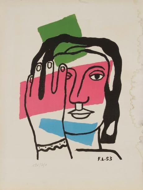 Fernand LÉGER (1881-1955)
Tête de femme. 1953. Lithographie. [503 x 655]. Saphire 131. Impression en couleurs. Très belle épreuve sur vélin, numérotée à la mine de plomb, non signée comme à l'ordinaire. Auréoles d'humidité au bord droit du feuillet. Infime déchirure en pied. Toutes marges. Tirage à 250 épreuves. Éd. de la Société des amateurs d'Art