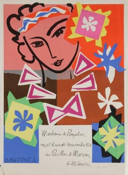 Henri MATISSE (1869-1954)
Madame de Pompadour / reçoit le mardi 20 novembre 1951 / au Pavillon de Marsan / à 22 heures. Affiche. 1951. Lithographie par Mourlot. [595 x 800]. Impression en couleurs. Bonne épreuve sur vélin. Courts plis, taches et accidents aux bords du feuillet. Toutes marges