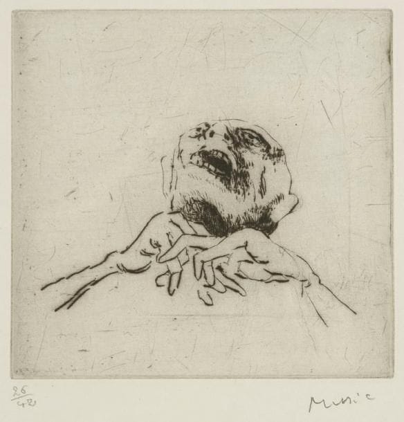Zoran Musi? (1909-2005)
Wir sind nicht die Letzten (Nous ne sommes pas les derniers). 1975. Eau-forte. 127 x 123. Très belle épreuve sur vélin, numérotée et signée à la mine de plomb. Marges. Tirage à 42 épreuves. Cadre