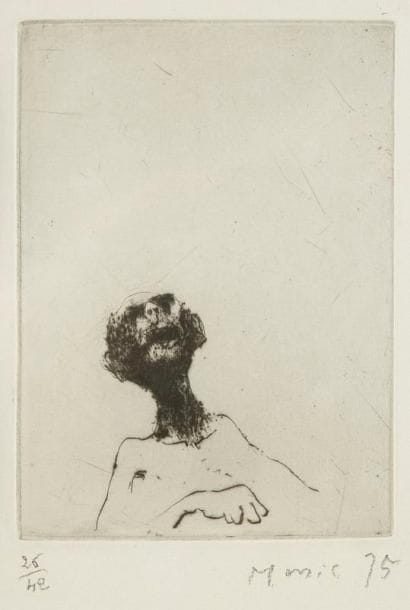 Zoran Musi? (1909-2005)
Wir sind nicht die Letzten (Nous ne sommes pas les derniers). 1975. Pointe sèche. 85 x 120. Très belle épreuve sur vélin, numérotée, signée et datée à la mine de plomb. Marges. Tirage à 42 épreuves. Cadre