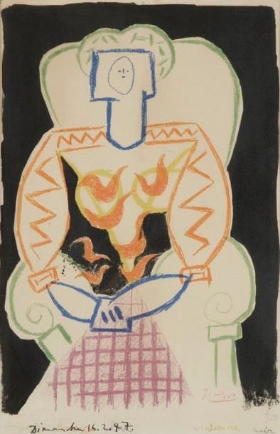 Pablo Picasso (1881-1973)
La Femme au fauteuil. 1947. Lithographie. 315 x 490. Mourlot 69; Bloch 422; Güse-Rau 163. Impression en couleurs. Belle épreuve sur vélin, oxydée, numérotée à la mine de plomb et signée au crayon rouge. Quelques rousseurs claires. Marges. Tirage à 50 épreuves. Cadre