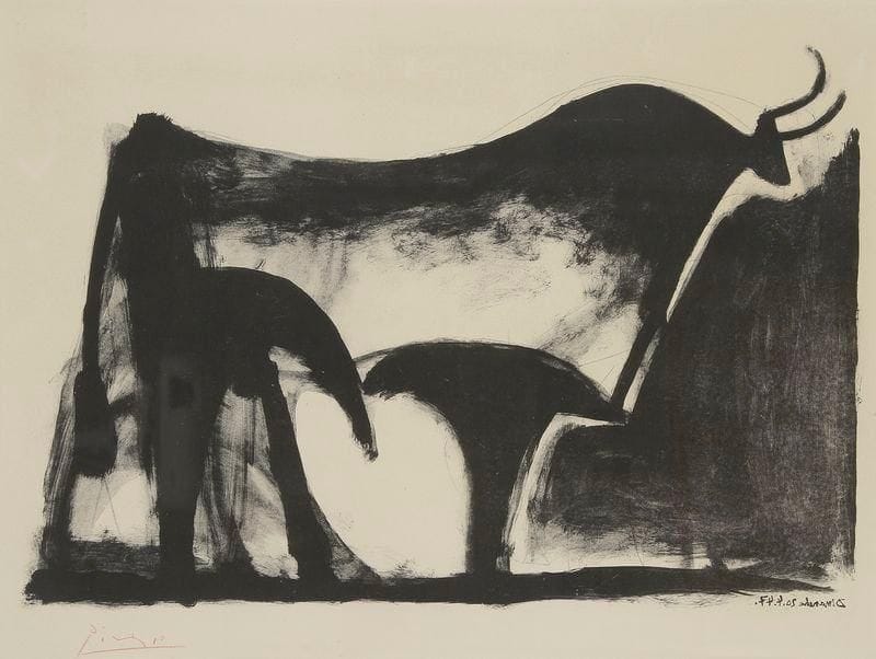 Pablo Picasso (1881-1973)
Le Taureau noir. 1947. Zincographie. 600 x 395. Mourlot 89; Bloch 446; Güse-Rau 198. Impression en couleurs. Très belle épreuve sur vélin, oxydée, signée au crayon rouge, non numérotée. Quelques rousseurs claires. Marges. Tirage à 50 épreuves. Cadre