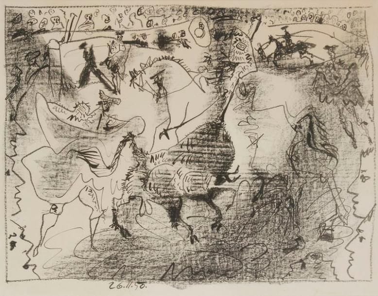 Pablo Picasso (1881-1973)
La Pique. 1950. Autographie. 600 x 455. Mourlot 196; Bloch 683; Güse-Rau 512. Belle épreuve sur vélin, légèrement oxydée, numérotée à la mine de plomb, signée au crayon rouge (signature presque effacée). Marges. Cadre