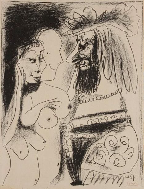 Pablo Picasso (1881-1973)
Le Vieux roi. 1959. Lithographie. [510 x 665]. Bloch 869; Mourlot 317; Güse-Rau 682. Belle épreuve sur vélin, la signature lithographiée en rouge. Minuscules rousseurs éparses. Petites auréoles d'humidité aux bords du feuillet. Quelques plis souples horizontaux. Toutes marges